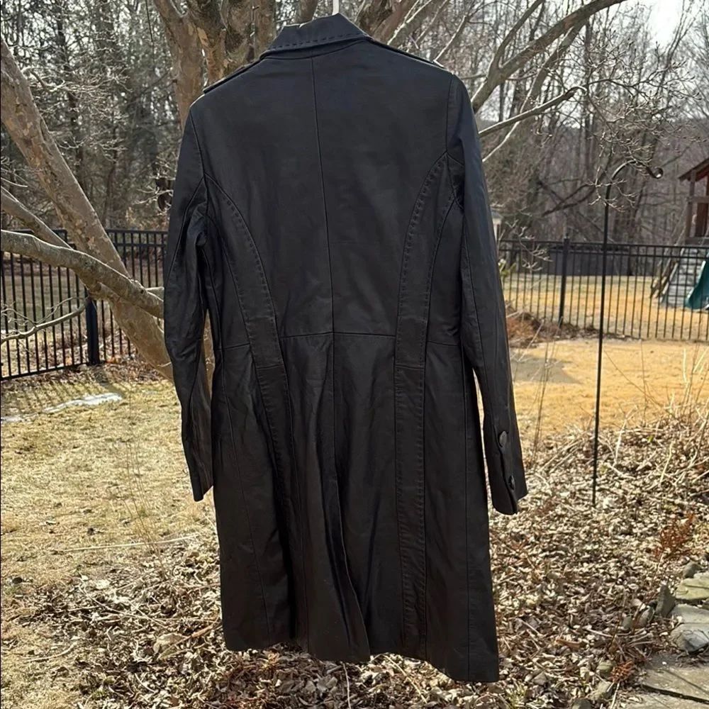 Vakko Black Leather Trench Coat Full-Length Tailored